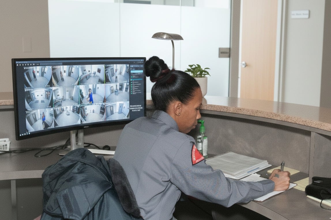 Securemedy officer in a grey uniform at a front desk with camera monitors