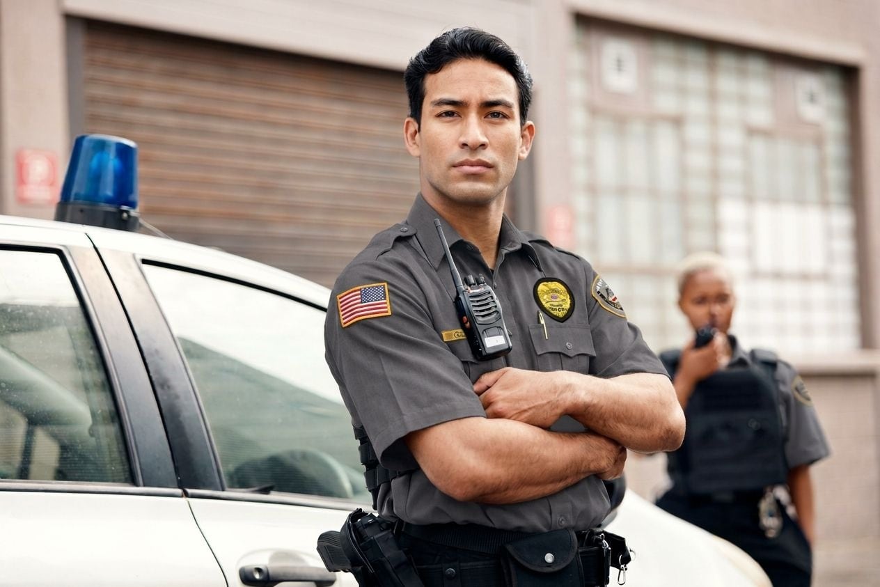 Securemedy patrol officer in a grey uniform beside a patrol vehicle