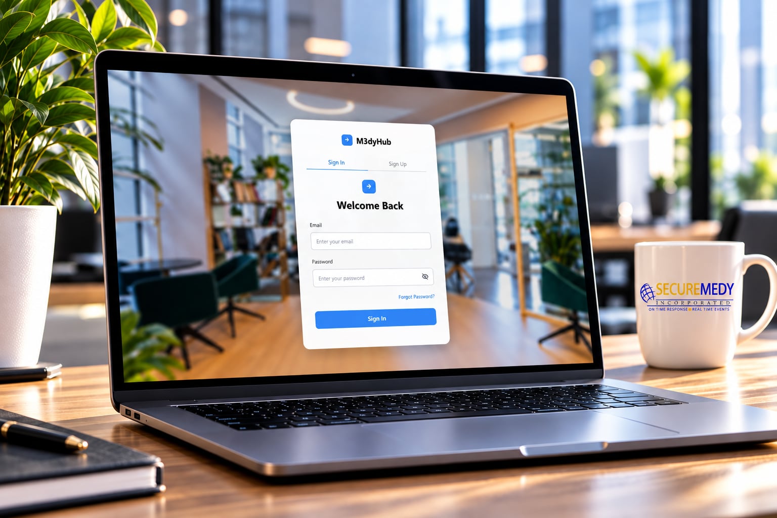 Laptop displaying the M3dyHub sign-in screen, the Securemedy workforce operations platform