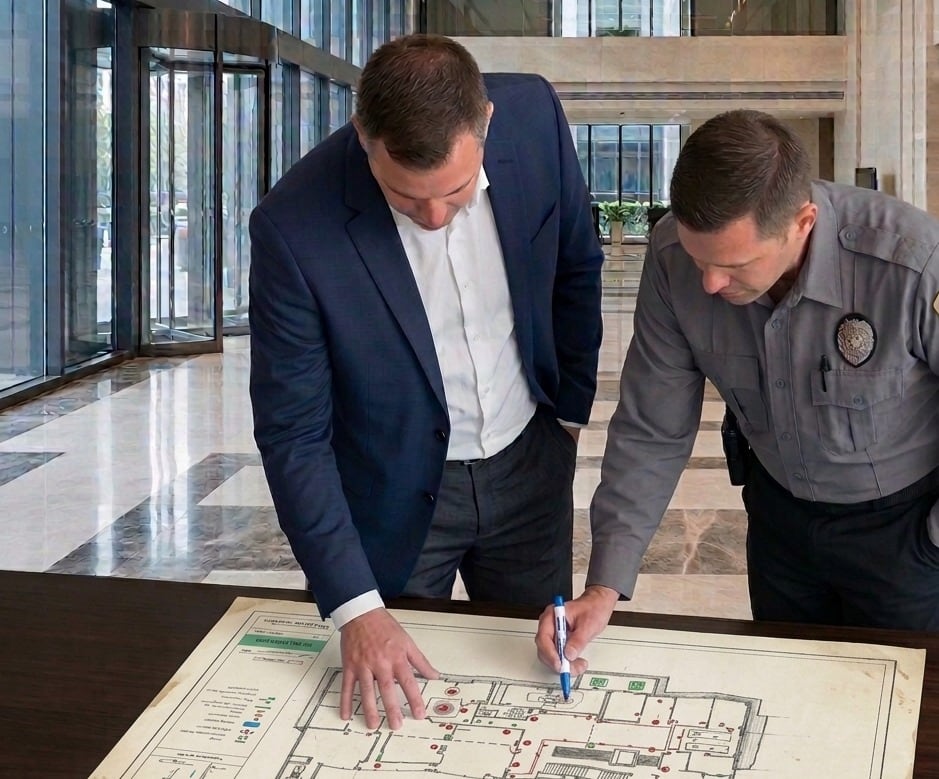 Securemedy officer in a grey uniform reviewing a building floor plan with a client