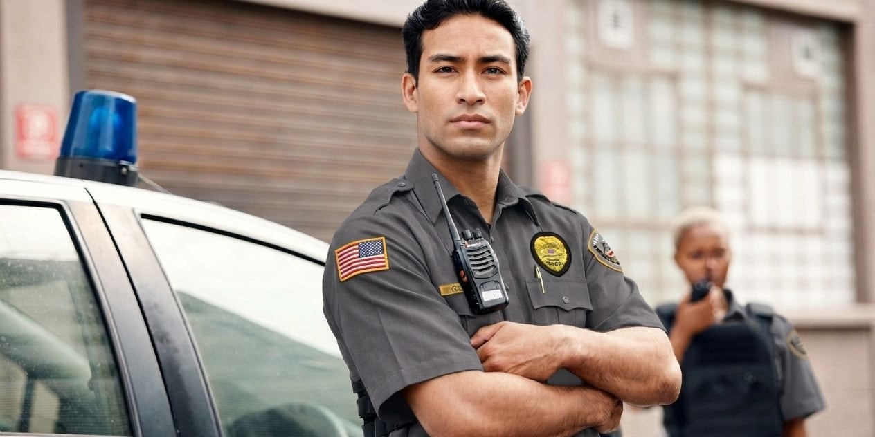 Securemedy officer in a grey uniform with arms folded beside a patrol vehicle