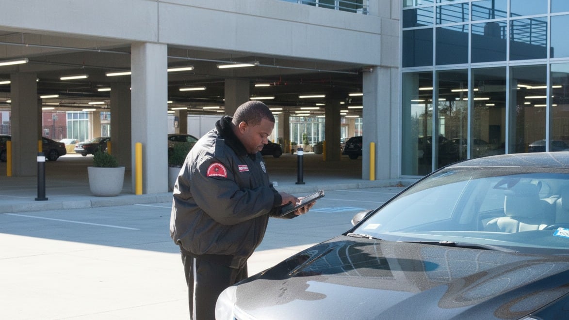Securemedy officer in a patrol jacket checking a vehicle in a parking garage