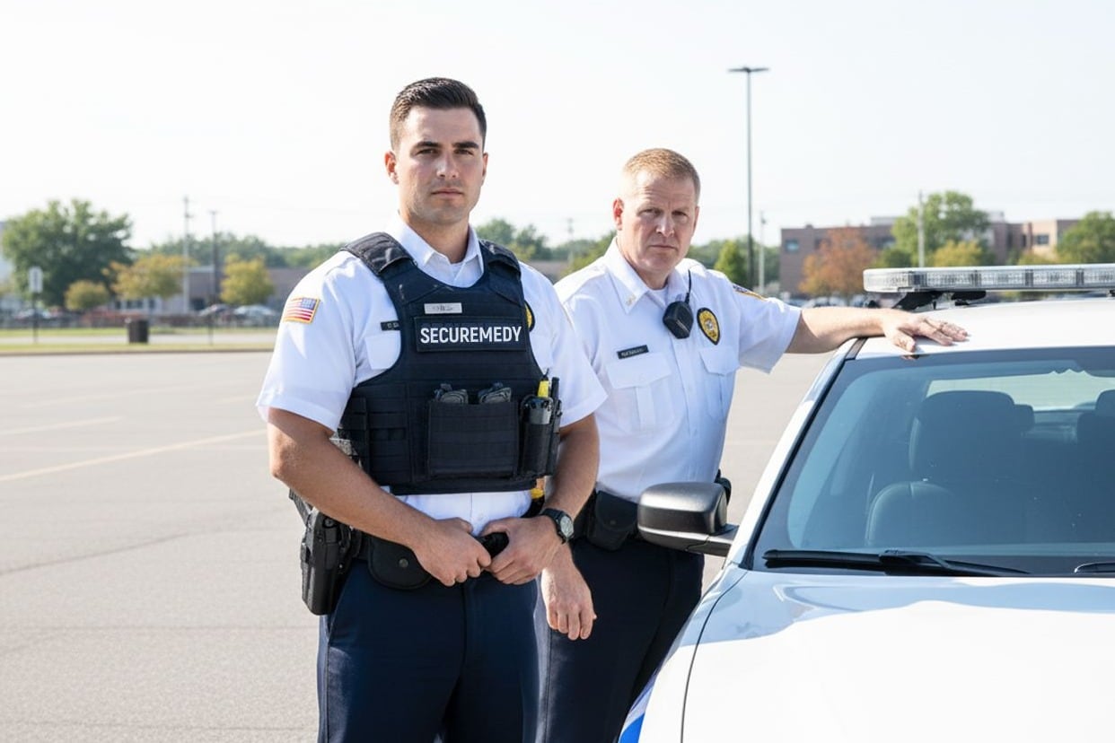 Two Securemedy officers in white uniforms beside a patrol vehicle