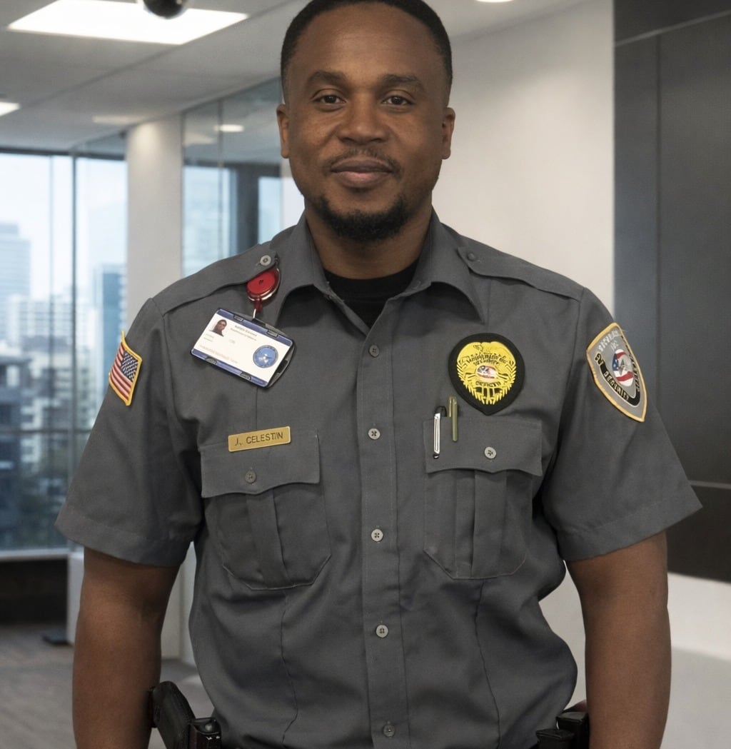 Securemedy officer in a grey uniform with badge and ID inside an office building